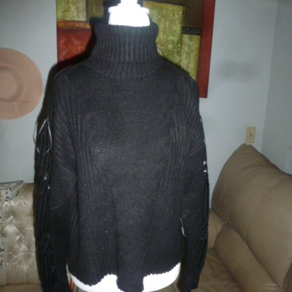 Thick & Cozy Cold-Shoulder  – Black w/Embellished Sleeve Sweater Size M - Picture 5 of 9